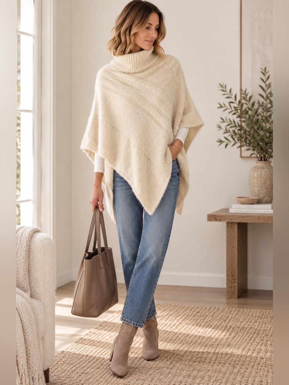 Anthropologie Everything in Love Turtleneck Knit Poncho Cape Cream Metallic - Picture 13 of 13